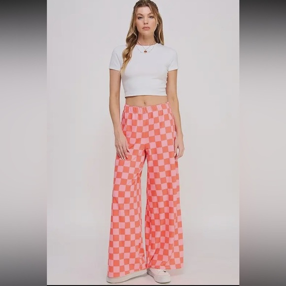 136 - Pink and Orange Checkered Women's Pants - Picture 1 of 4